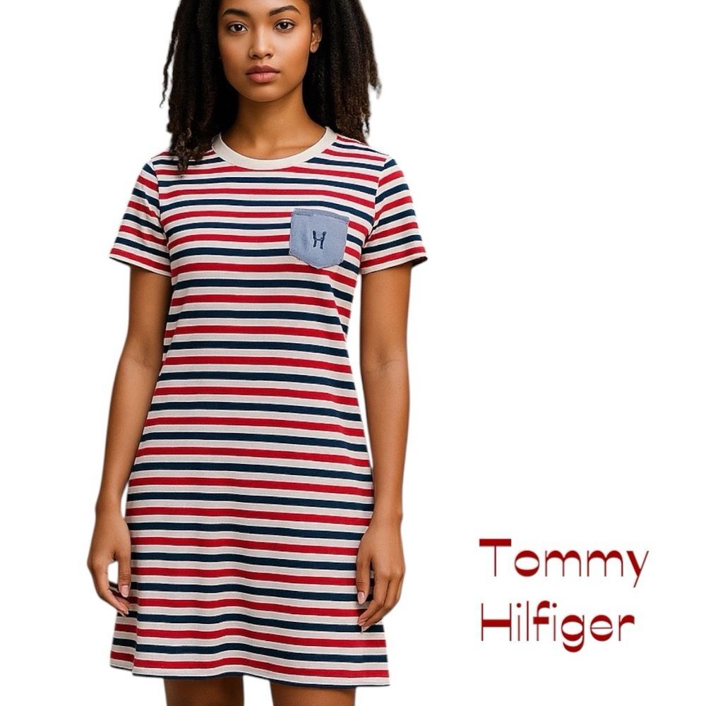 Tommy Hilfiger Black Red & White Striped Cotton Tee Shirt Dress NWOT Size M
